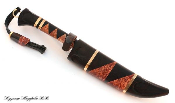Knife Uzbek Damascus brass black hornbeam Karelian birch wooden sheath