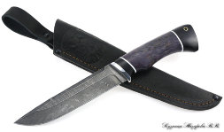 Knife Boar Damascus black hornbeam stabilized Karelian birch (purple)