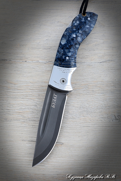 Folding knife Owl Wootz steel lining acrylic blue with duralumin