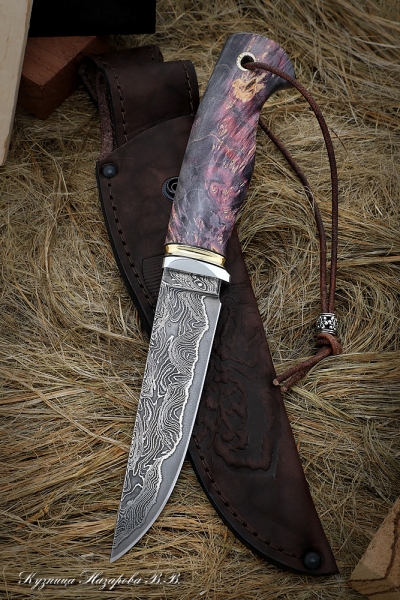 Knife Leopard Damascus laminated Karelian birch purple