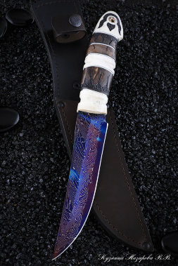 Нож Слон дамаск ламинированный синий карельская береза рог лося
