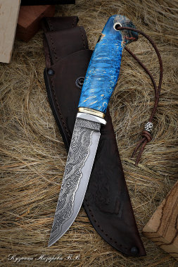 Knife Leopard Damascus laminated Karelian birch blue