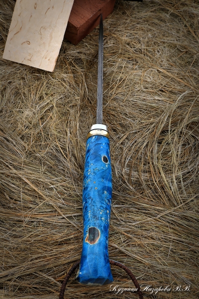 Knife Leopard Damascus laminated Karelian birch blue