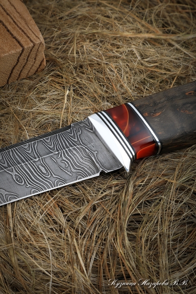 Knife Boar Damascus wavy Karelian birch brown acrylic