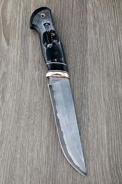 Gadfly knife 2 lamination S 390 in twisted damascus, mokume-gane acrylic black, scrimshaw Titanic