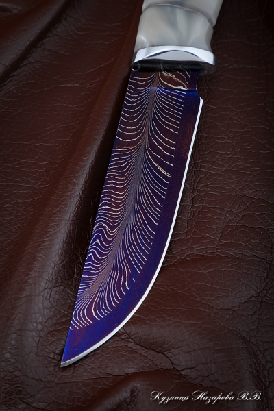 Нож Штык дамаск торцевой с воронением карельская береза акрил