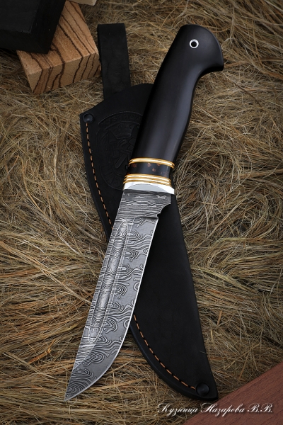 Knife Fighter Damascus Wavy black hornbeam acrylic