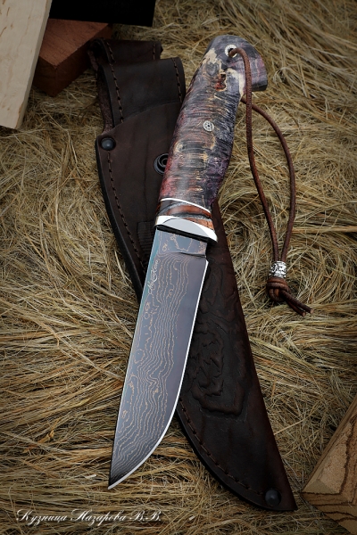 Нож Тайга дамаск ламинированный с воронением карельская фиолетовая береза акрил красный