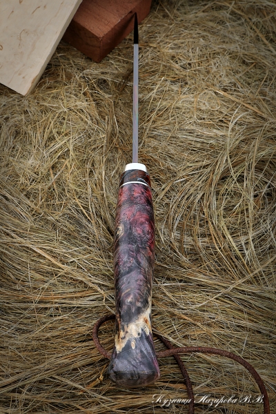 Knife Taiga damascus laminated with bluing Karelian purple birch acrylic red