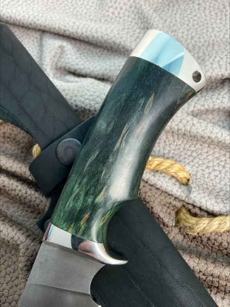 Нож Лесной сталь х12мф рукоять стабилизированная карельская береза зеленая мельхиор
