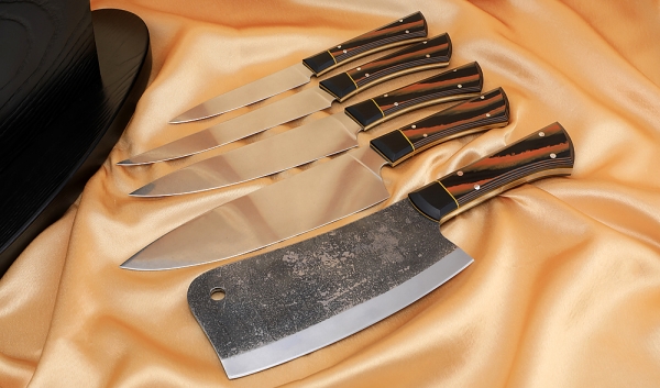 Wenge stand with magnetic stripes, set of 4 knives and a chopper 95h18, G10 black orange