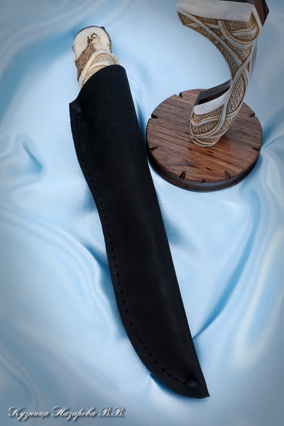 Нож Коловрат дамаск торцевой кость мамонта железное дерево, мельхиор на подставке