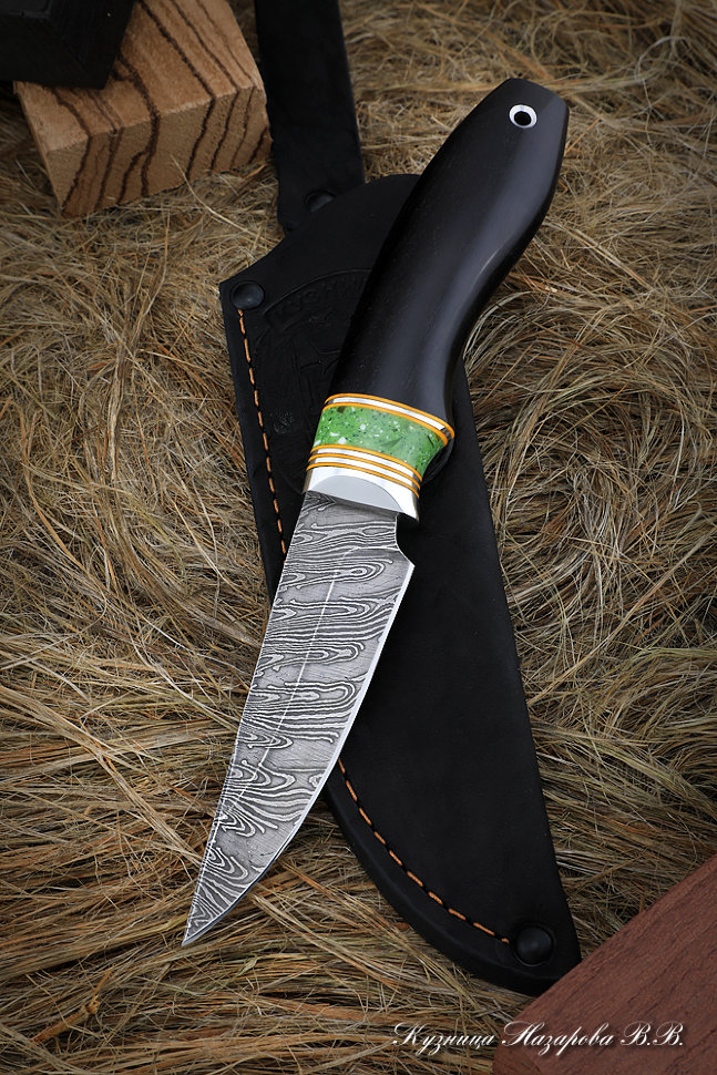 Нож Лань дамаск волнистый черный граб акрил