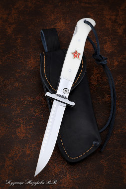 NKVD knife folding steel polished Wootz steel lining acrylic white with red star