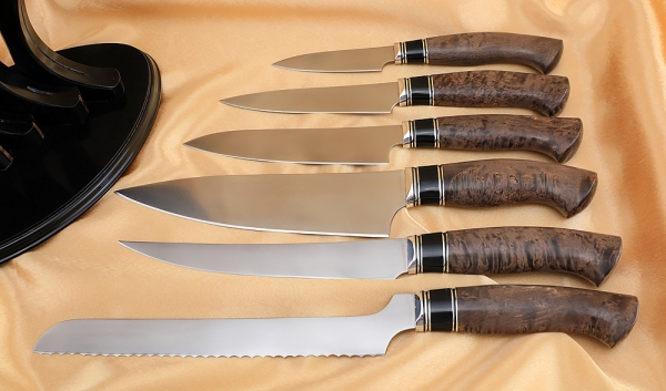 Подставка с набором из 6 ножей S390  акрил черный карельская береза коричневая