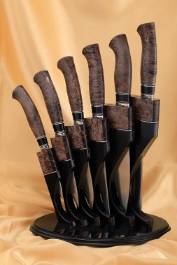 Stand with a set of 6 knives S390 acrylic black Karelian birch brown