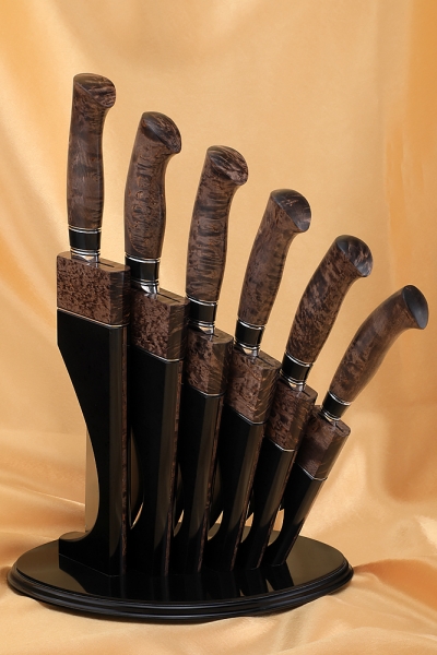 Stand with a set of 6 knives S390 acrylic black Karelian birch brown