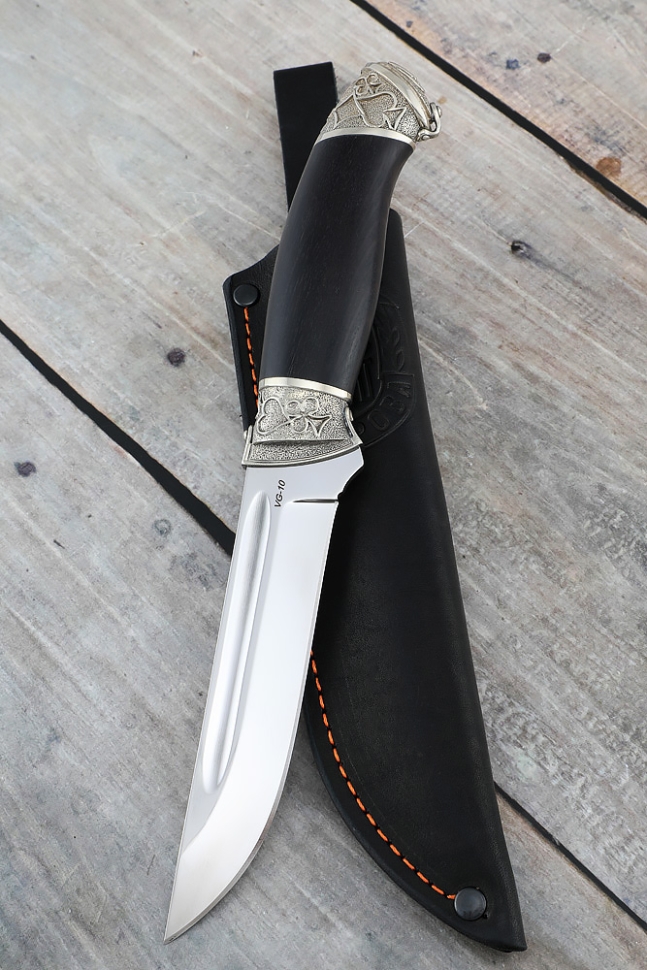 Нож охотничий "Боец" сталь VG-10, рукоять черный граб и мельхиор