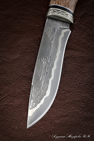Knife Monitor Lizard damascus laminated Karelian birch brown nickel silver