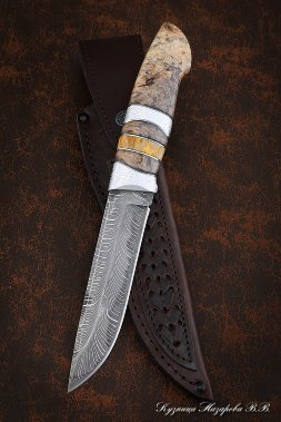 Boar Damascus mosaic knife-feather Karelian birch mammoth bone with duralumin
