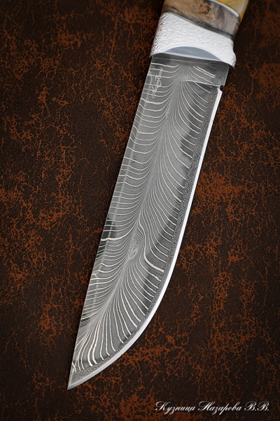 Boar Damascus mosaic knife-feather Karelian birch mammoth bone with duralumin