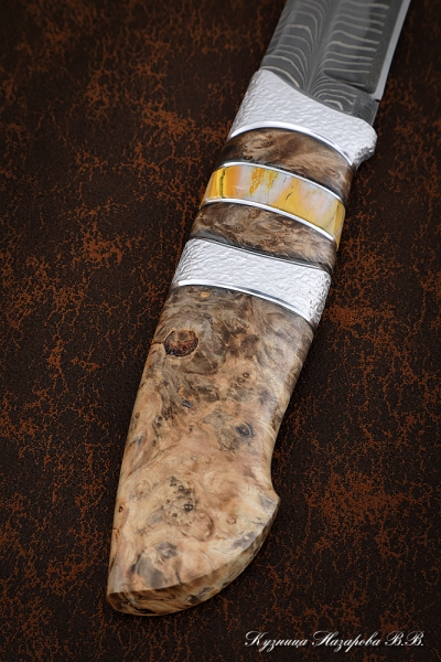 Нож Вепрь дамаск мозаичный-перо карельская береза кость мамонта с дюралью