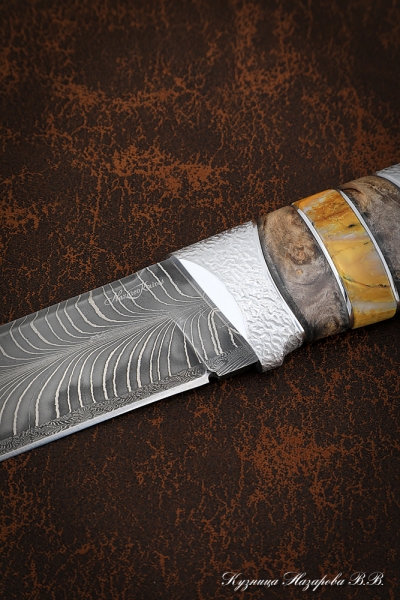 Нож Вепрь дамаск мозаичный-перо карельская береза кость мамонта с дюралью