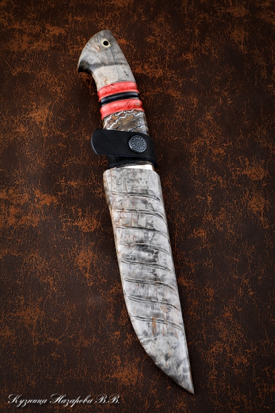 Нож Овод 2 дамаск торцевой мокуме-гане карельская береза комбинированная кость мамонта ножны карельская береза