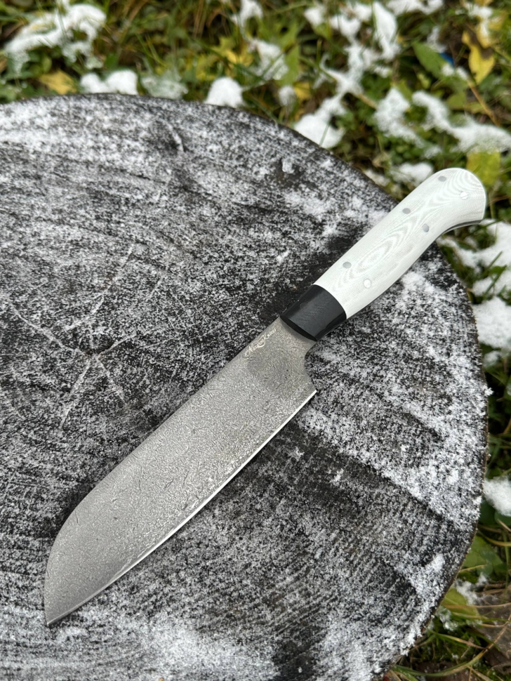 Шеф нож №3 сталь х12мф цельнометаллический, накладки G10 черные и белые (распродажа) 