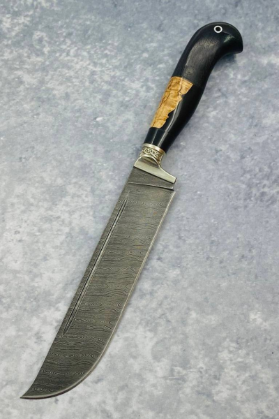 Нож Узбекский сталь дамаск, рукоять гибрид: карельская береза янтарь и акрил черный, черный граб (распродажа)