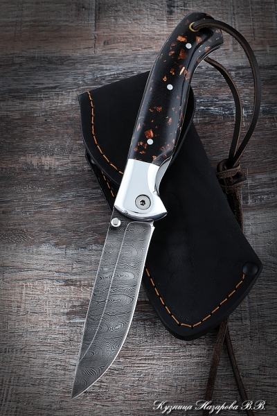 Folding Knife Rook Steel Damascus Handle Acrylic Brown