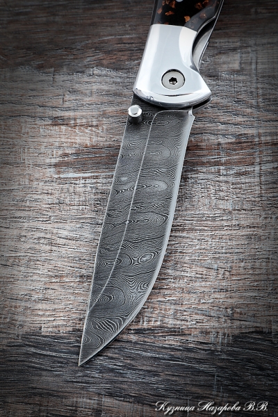Folding Knife Rook Steel Damascus Handle Acrylic Brown