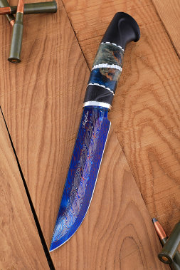 Нож Овод 2 дамаск торцевой с воронением стабилизированная карельская береза и черный граб (Coutellia)