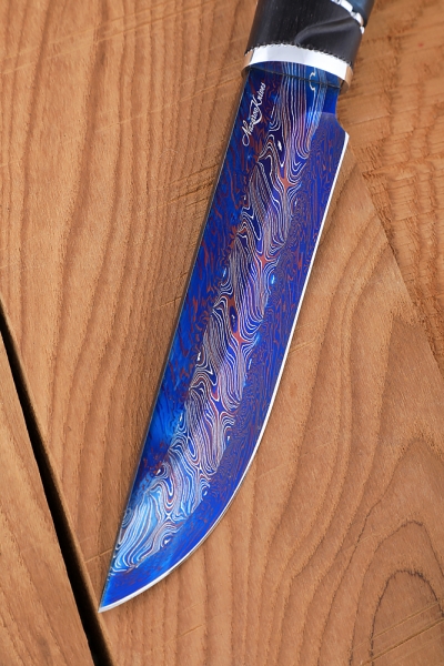 Gadfly 2 Damascus end knife with bluing stabilized Karelian birch and black hornbeam (Coutellia)
