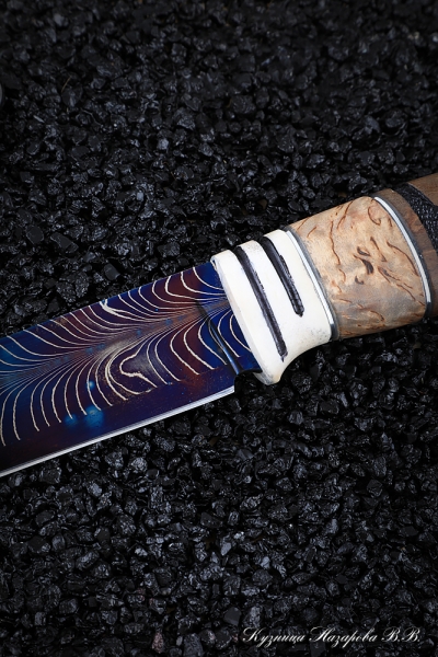 Angara Damascus end knife with bluing Karelian birch elk horn