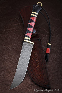 Нож Узбекский дамаск латунь черный граб карельская береза красная