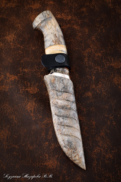 Нож Штык дамаск торцевой мокуме-гане карельская береза комбинированная кость мамонта ножны карельская береза