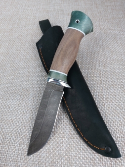 Нож Кречет дамаск, рукоять ясень - карельская береза стабилизированная зеленая (распродажа)
