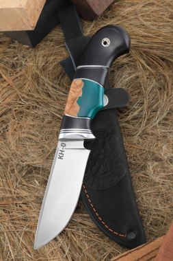 Нож Ловчий КН-01 рукоять черный граб карельская береза акрил зеленый