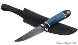 Knife Weasel Damascus black hornbeam stabilized Karelian birch (blue)