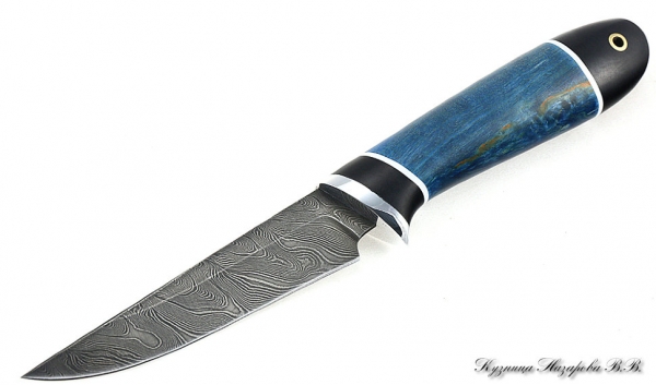 Knife Weasel Damascus black hornbeam stabilized Karelian birch (blue)