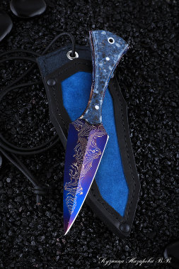 Knife Dragon Tooth Damascus Laminated Blue Acrylic Blue