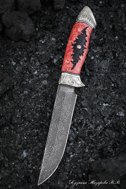 Нож Овод 2 дамаск торцевой карельская береза красная резная мельхиор