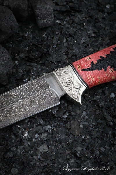 Knife Gadfly 2 Damascus end Karelian birch red carved nickel silver
