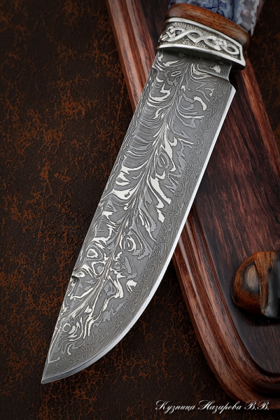 Boar Damascus end knife, handle elk horn carved mammoth bone, nickel silver