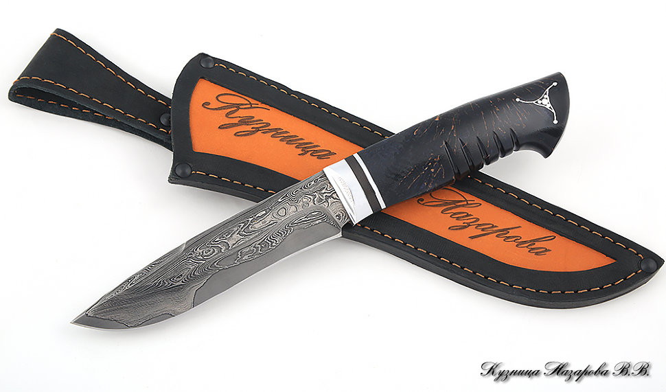 Нож Варан дамаск торцевой стабилизированная карельская береза (фиолетовая) авт.