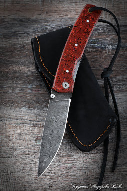 Folding Camping Knife Steel Damascus Handle Acrylic Red