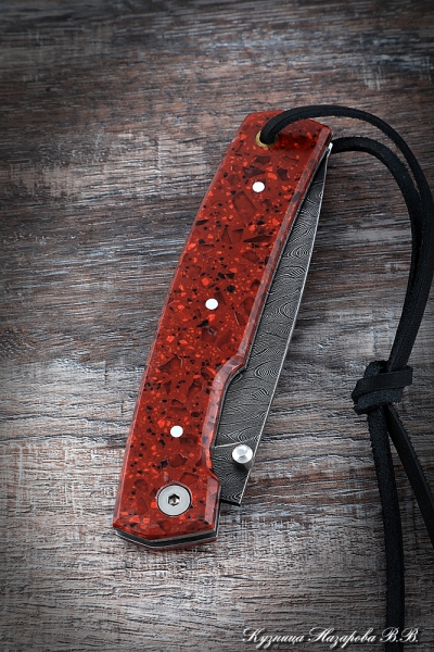 Folding Camping Knife Steel Damascus Handle Acrylic Red