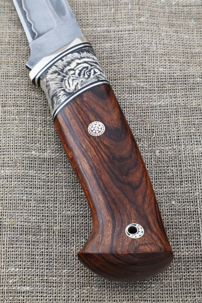 Knife Fighter lamination S 390 in twisted Damascus, walrus tusk iron wood