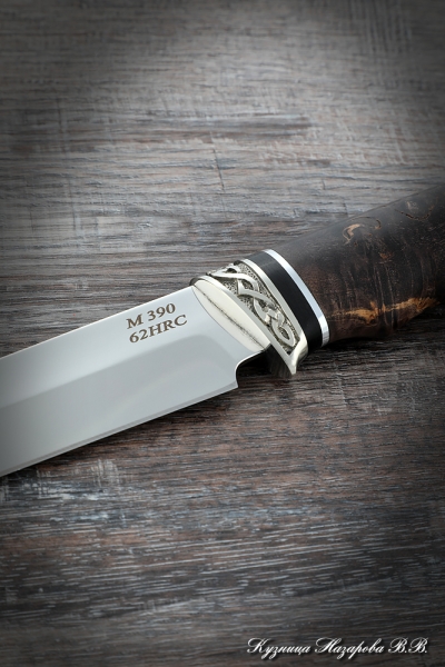 Нож Овод 2 M390  мельхиор карельская береза стаб. коричневая